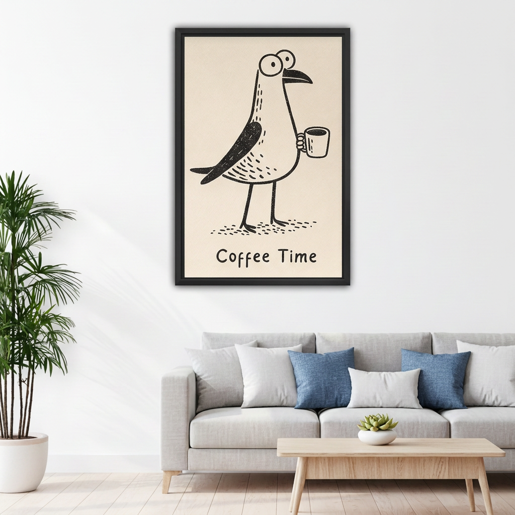 Whimsical coffee bird canvas wall art in a black frame above a gray sofa with blue pillows.
