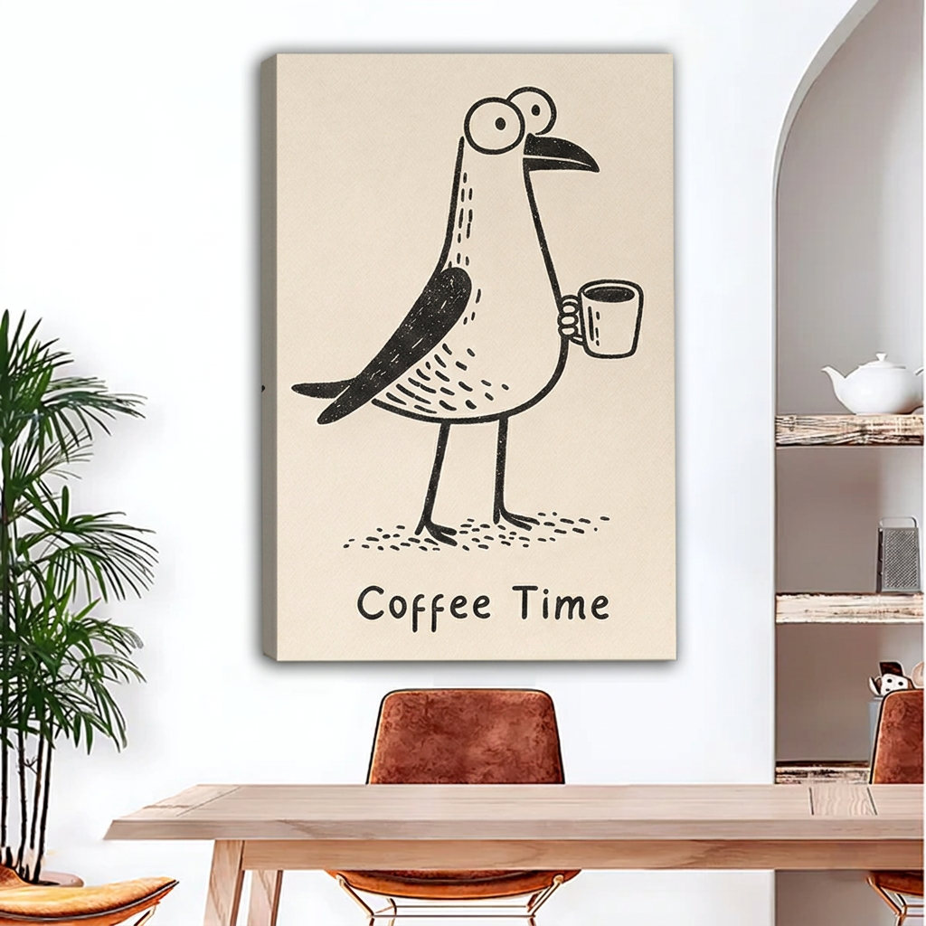 Unframed whimsical coffee bird canvas wall art with cream background and Coffee Time lettering above a wooden dining table.