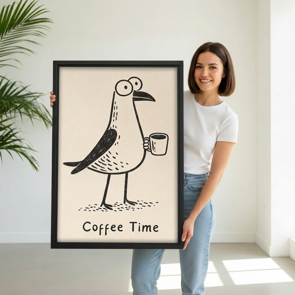 Smiling woman holding black-framed whimsical coffee bird canvas wall art featuring a wide-eyed bird carrying a cup.