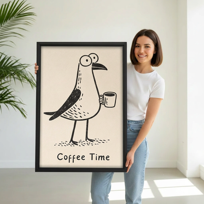 Smiling woman holding black-framed whimsical coffee bird canvas wall art featuring a wide-eyed bird carrying a cup.
