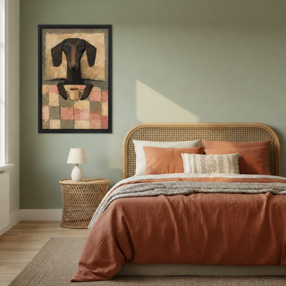  Black-framed whimsical coffee dachshund canvas wall art beside a bed with rust-colored bedding and a woven headboard.