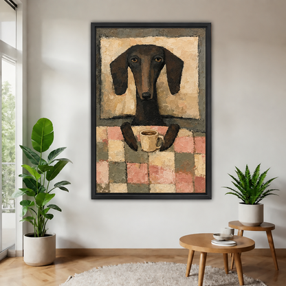 Black-framed whimsical coffee dachshund canvas wall art displayed between potted plants, with small wooden tables nearby.
