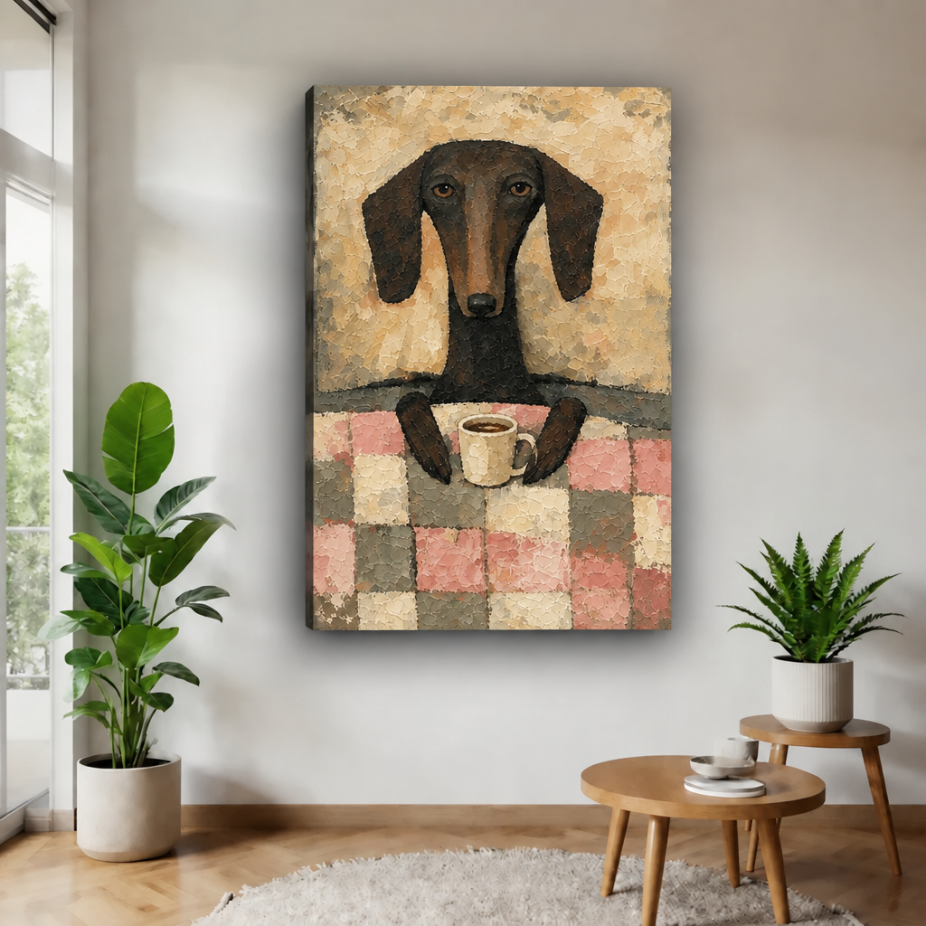 Whimsical coffee dachshund canvas wall art without an outer frame, featuring a mug and checkered tabletop between plants.