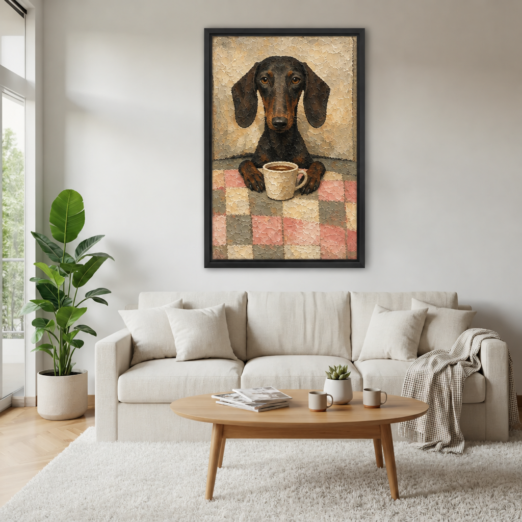 Whimsical coffee dachshund canvas wall art in a black frame above a cream sofa beside a wooden coffee table.