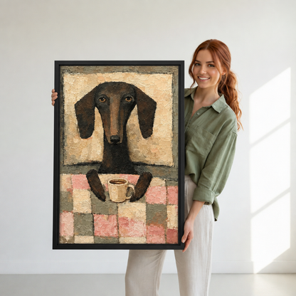 Woman holding black-framed whimsical coffee dachshund canvas wall art showing a floppy-eared dog beside a cream coffee mug.