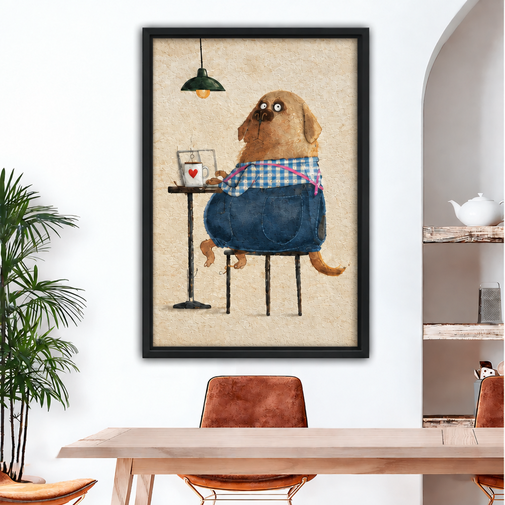 Black framed whimsical coffee dog canvas wall art above a wooden dining table with rust leather chairs