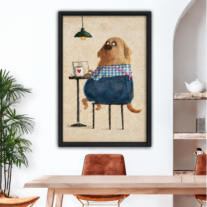 Black framed whimsical coffee dog canvas wall art above a wooden dining table with rust leather chairs