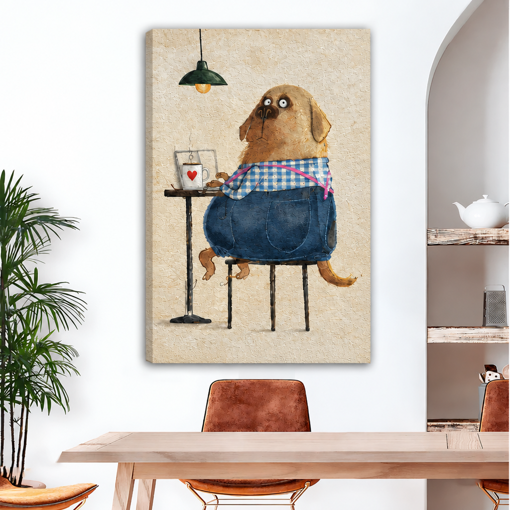 Unframed gallery-wrap whimsical coffee dog canvas wall art with wrapped edges above a dining table
