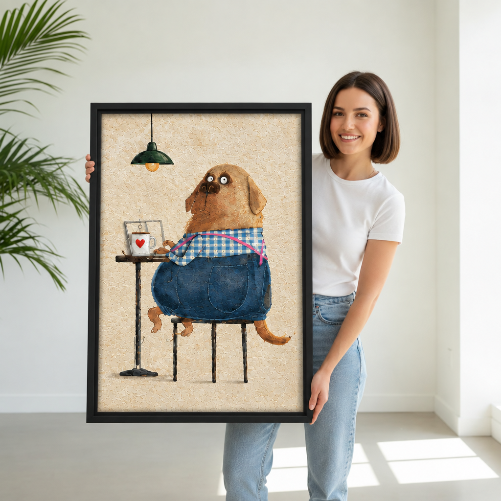 Smiling woman holding framed whimsical coffee dog canvas wall art to show its real size