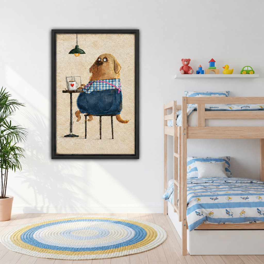 Whimsical coffee dog canvas wall art hanging in a sunny kids room beside a wooden bunk bed