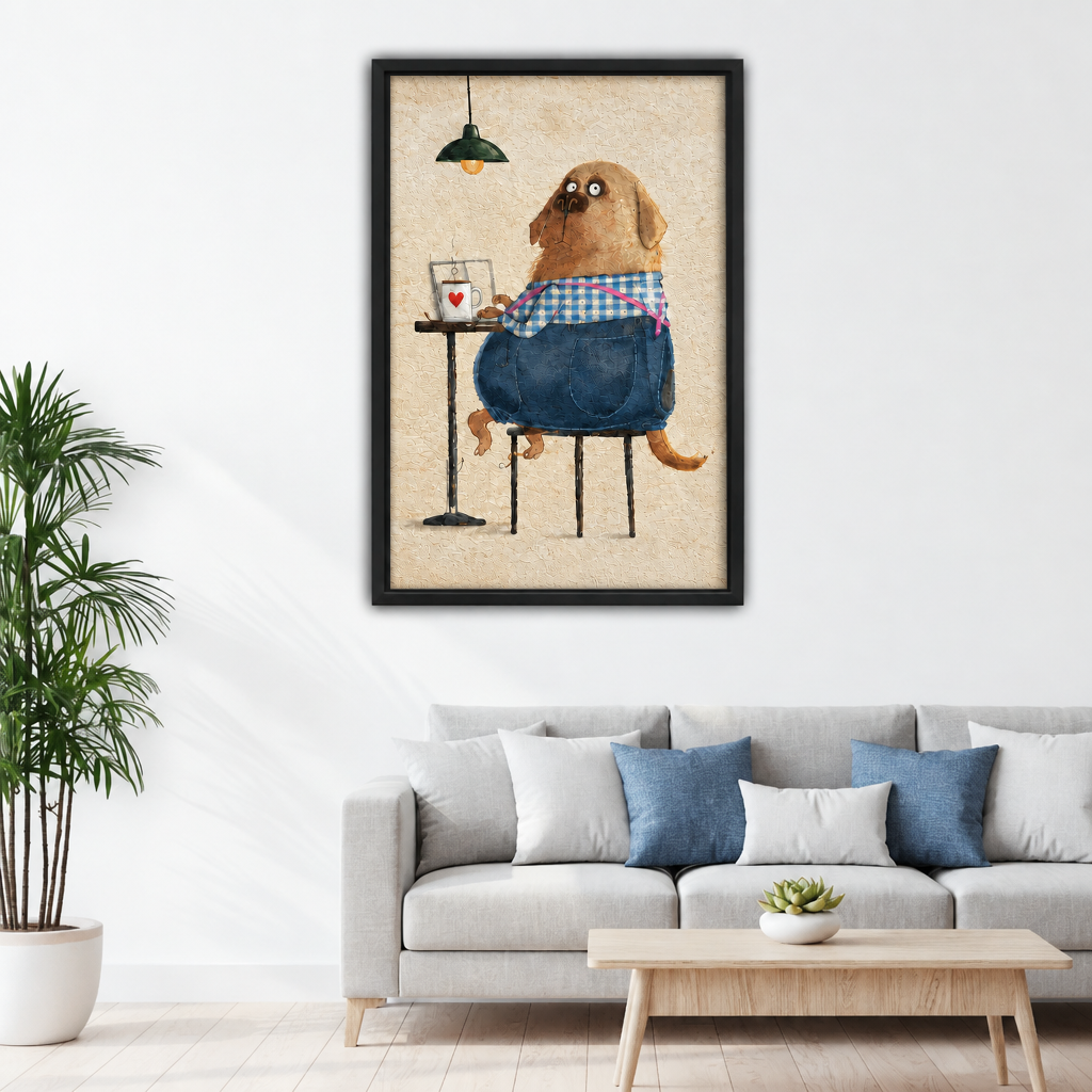 Framed whimsical coffee dog canvas wall art above a grey sofa with blue and white cushions