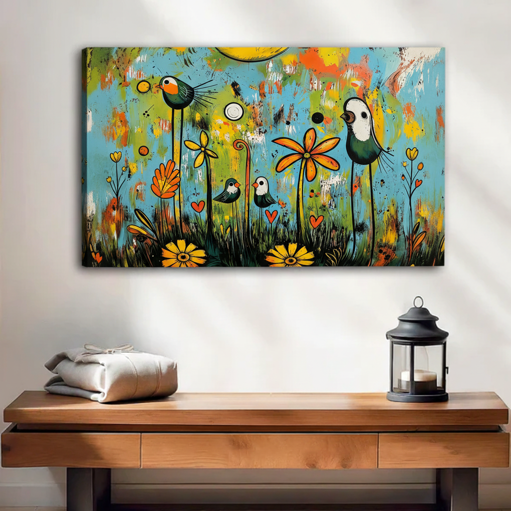 Vibrant folk art birds and orange flowers canvas art print on teal and yellow abstract background