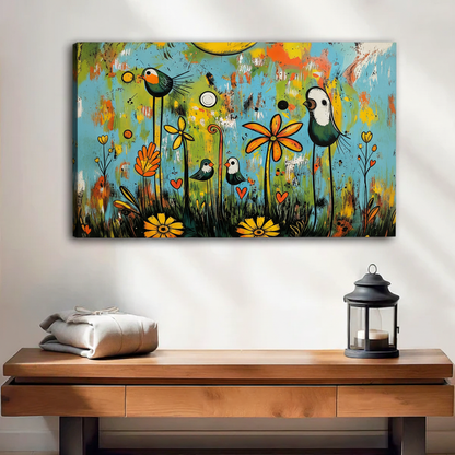 Vibrant folk art birds and orange flowers canvas art print on teal and yellow abstract background