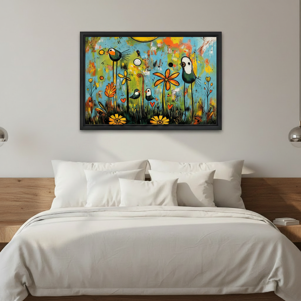 Vibrant whimsical birds and floral framed canvas art above bed as cheerful bedroom wall decor