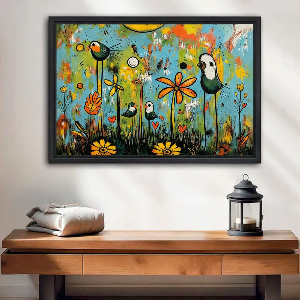 Whimsical colorful birds and flowers framed canvas wall art displayed above wooden console table in entryway