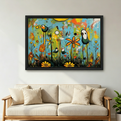 Whimsical colorful folk art birds and flowers framed wall art hanging above sofa in bright living room