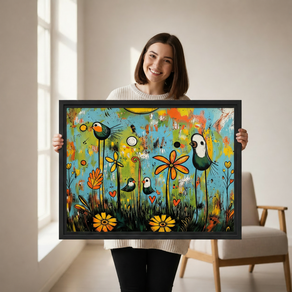 Smiling woman holding whimsical colorful birds and flowers framed canvas art showing size reference