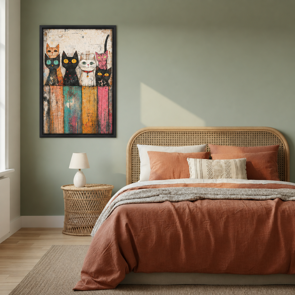 Whimsical colorful cats canvas wall art in a black frame beside a bed with rust-colored bedding and woven headboard.