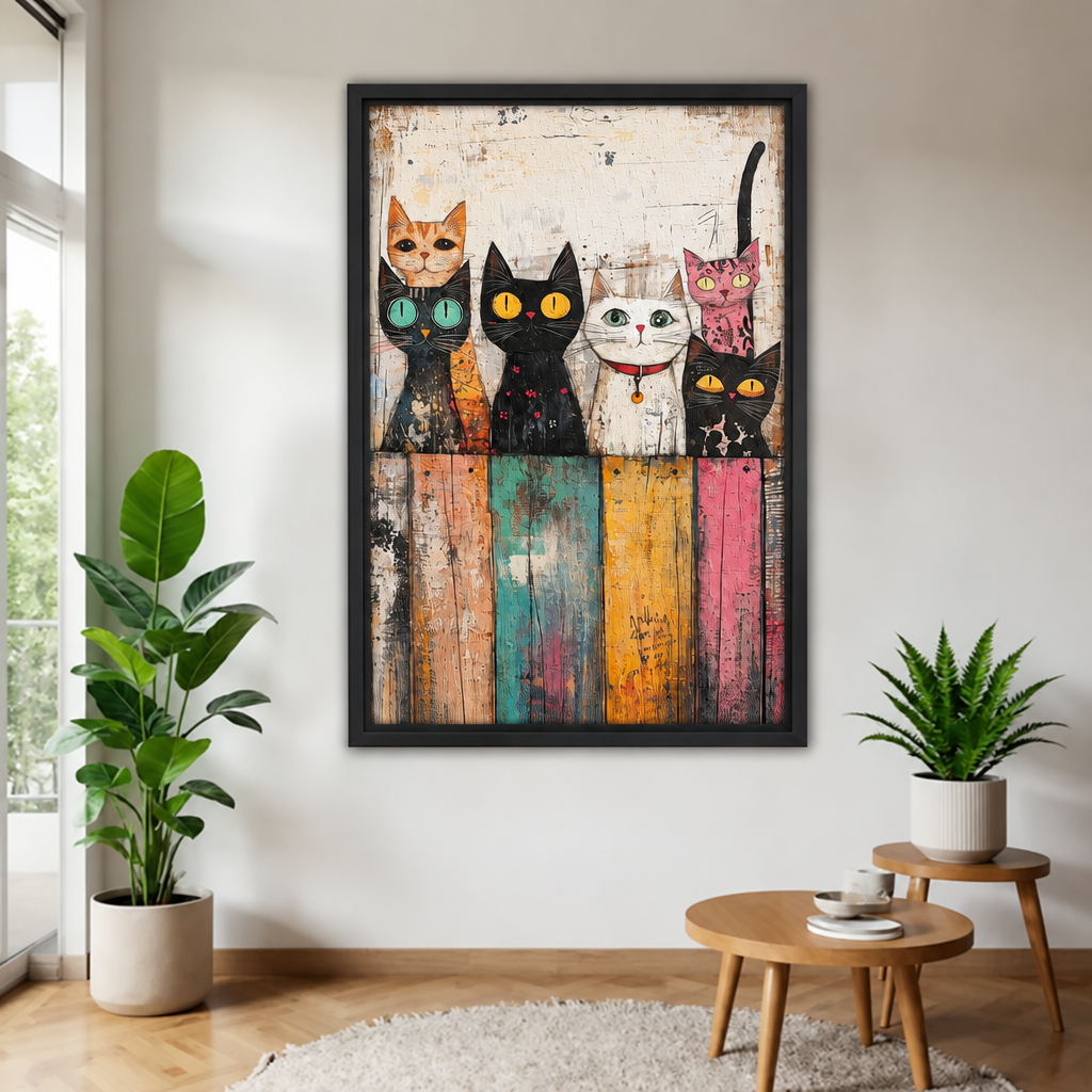 Black-framed whimsical colorful cats canvas wall art featuring six bright-eyed cats, displayed between plants near a window.