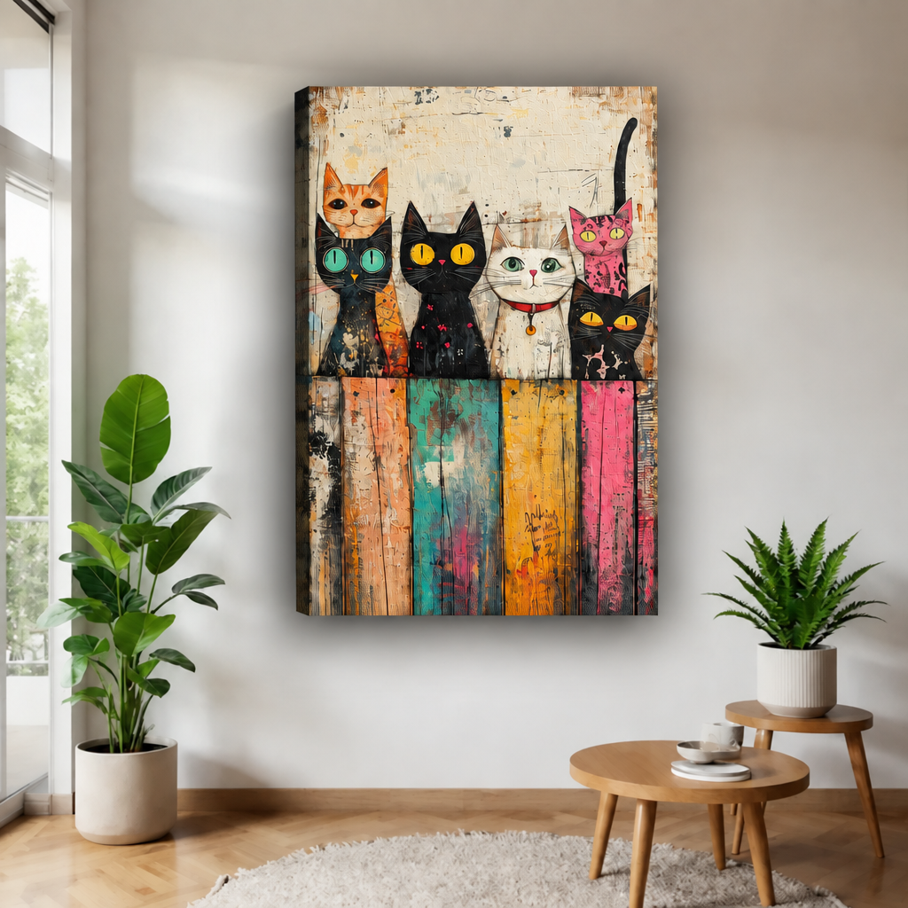 Whimsical colorful cats canvas wall art without an outer frame, displayed between potted plants near wooden tables.