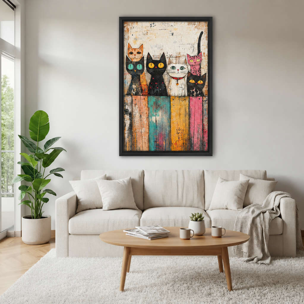 Black-framed whimsical colorful cats canvas wall art above a cream sofa, with a wooden coffee table and potted plant.