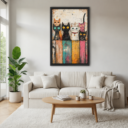 Black-framed whimsical colorful cats canvas wall art above a cream sofa, with a wooden coffee table and potted plant.