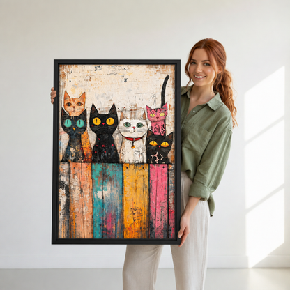 Woman holding black-framed whimsical colorful cats canvas wall art featuring six cats above turquoise, yellow, and pink panels.