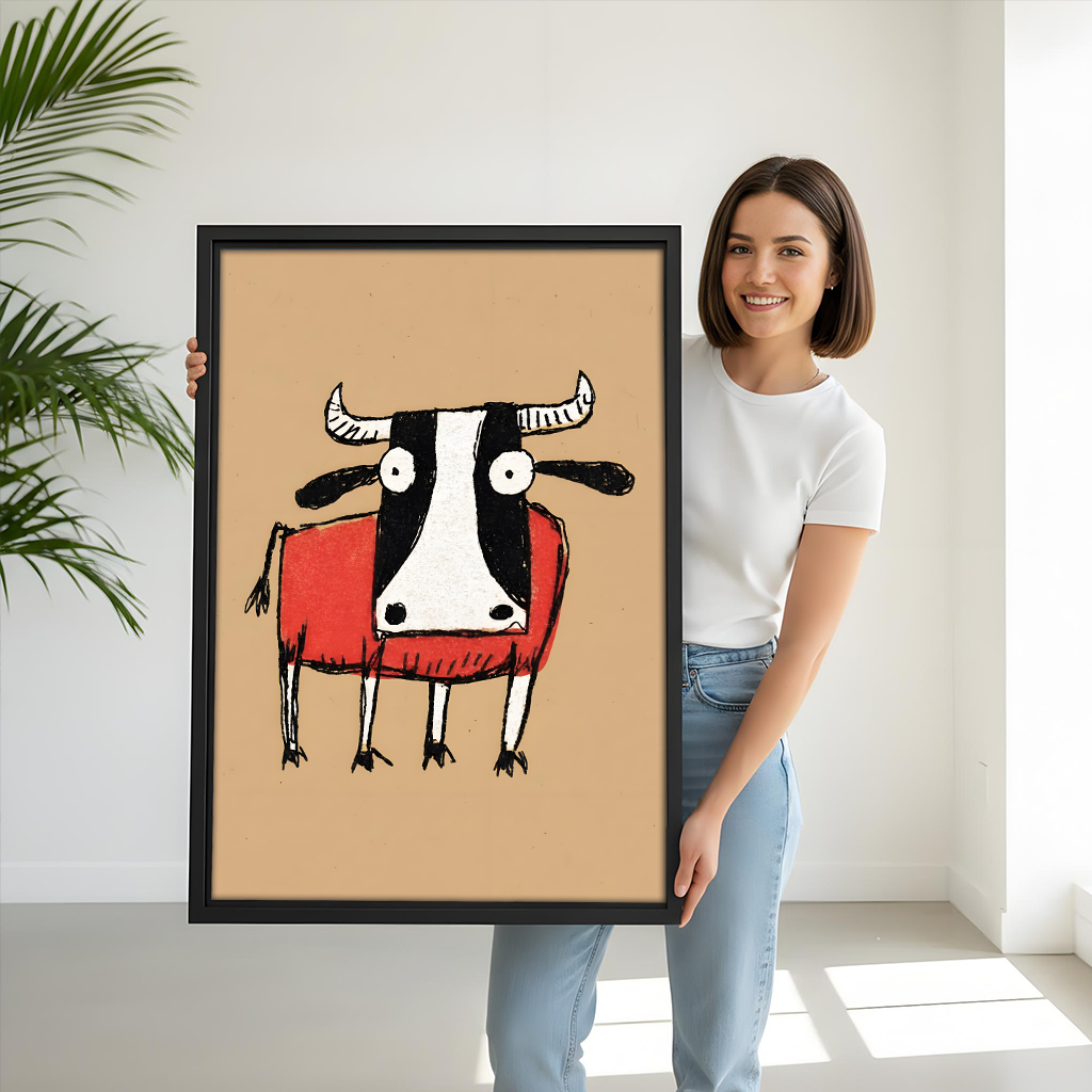 Woman holding a large framed whimsical cow canvas wall art print with bold red sweater and folk art illustration style