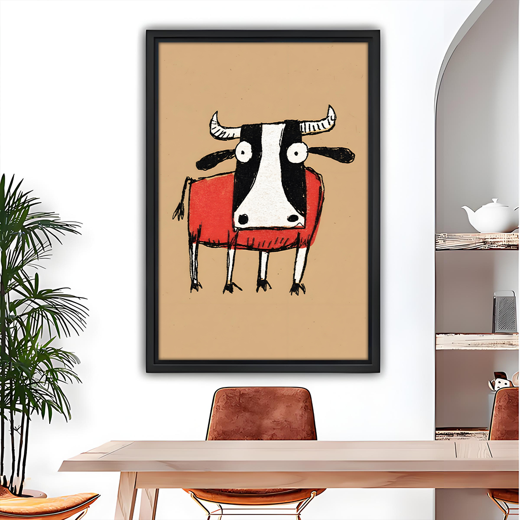 Framed whimsical cow canvas wall art in red sweater, folk art style, hung above a wooden dining table in a modern room