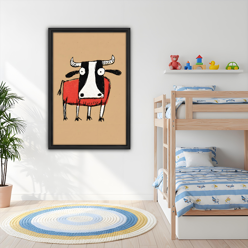 Framed whimsical cow art print in red sweater hung on white wall in a cheerful kids bedroom with bunk bed