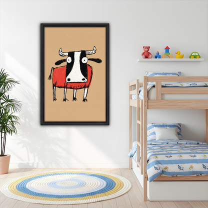 Framed whimsical cow art print in red sweater hung on white wall in a cheerful kids bedroom with bunk bed