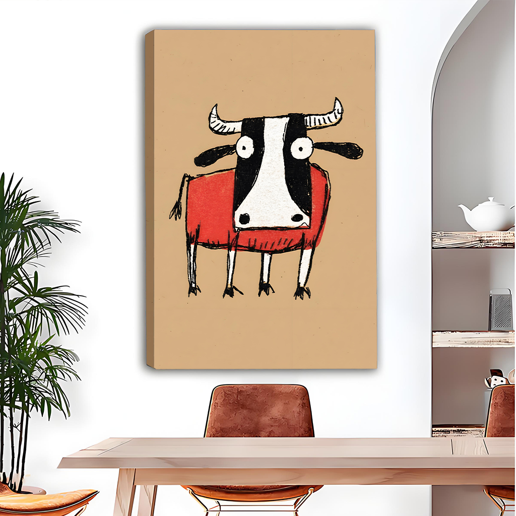 Gallery-wrap canvas print of a quirky cow in a red sweater, warm caramel background, displayed in a bright dining area