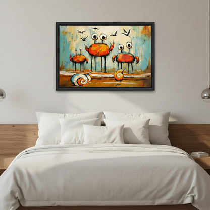 Whimsical crab monster graffiti canvas wall art displayed in interior scene, colorful quirky crab print with teal and rust tones for eclectic home decor