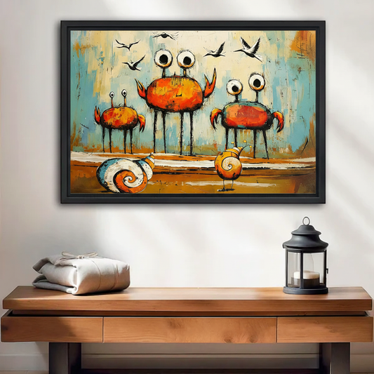 Whimsical crab monster graffiti framed canvas wall art with three big-eyed orange crabs on thin legs and two snails, teal rust background, displayed above wooden console table