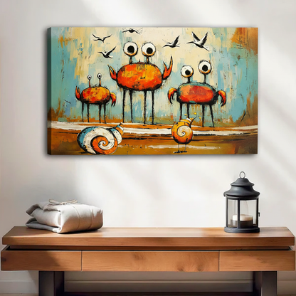 Frameless gallery wrap whimsical crab monster graffiti canvas print, orange crabs on thin legs with snails on teal rust background, eclectic wall art