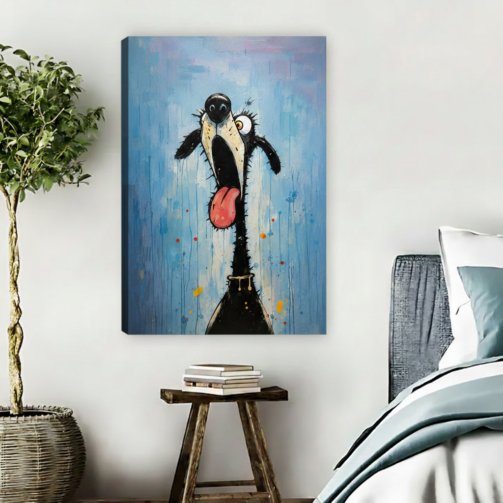 Unframed whimsical dog canvas print with red tongue and blue brushstroke background displayed on white wall