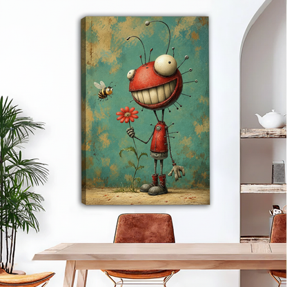 Gallery-wrap whimsical creature and bee canvas art displayed beside a dining table in a bright interior.
