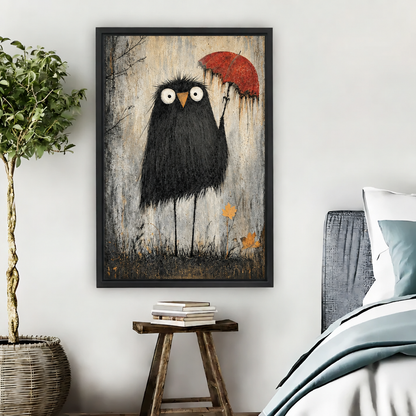 Whimsical crow canvas wall art with a red umbrella framed above a rustic wooden nightstand in a cozy bedroom