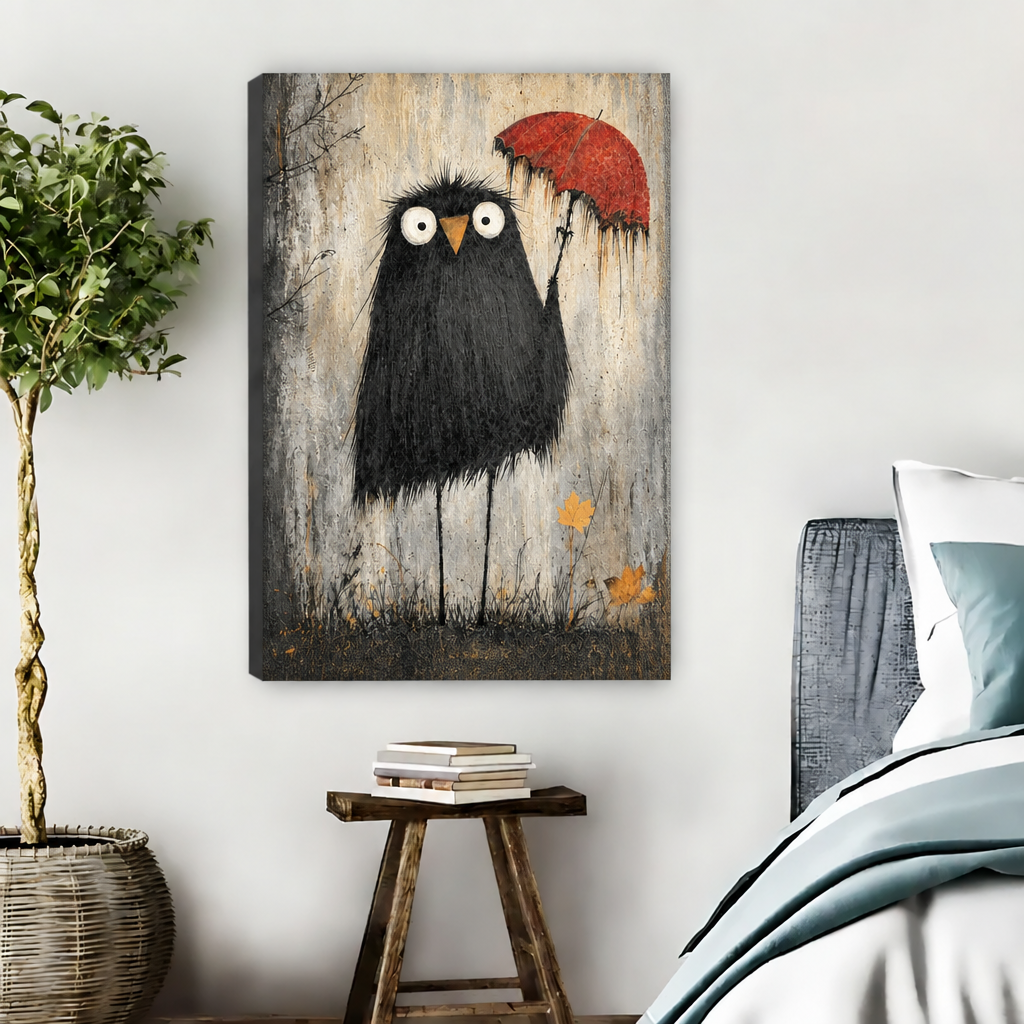 Gallery-wrap whimsical crow canvas wall art showing rain streaks and autumn leaves beside a woven plant basket