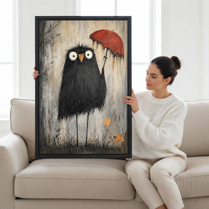 Woman holding a large framed whimsical crow canvas wall art print to show its true size and texture