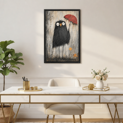 Framed whimsical crow canvas wall art hanging above a marble and gold home office desk