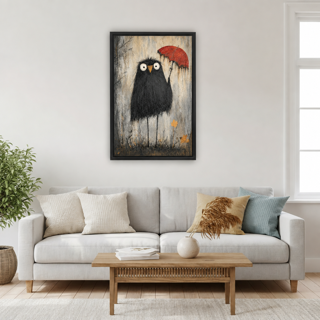 Framed whimsical crow canvas wall art hanging above a grey sofa