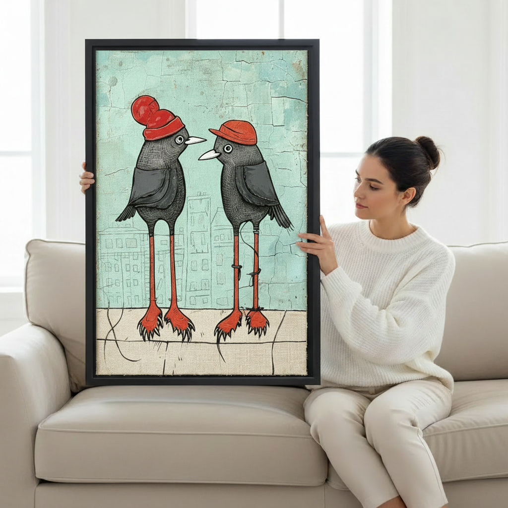 Framed whimsical bird art print of two quirky crows wearing red hats, held by a woman against a bright white background