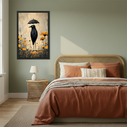 Framed whimsical crow umbrella canvas wall art displayed beside green plants in a modern living room
