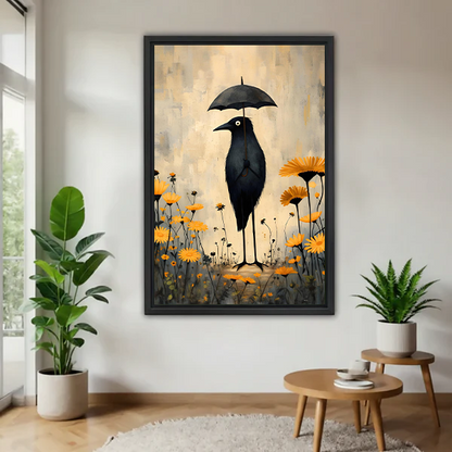 Woman holding framed whimsical crow umbrella canvas wall art with golden wildflowers
