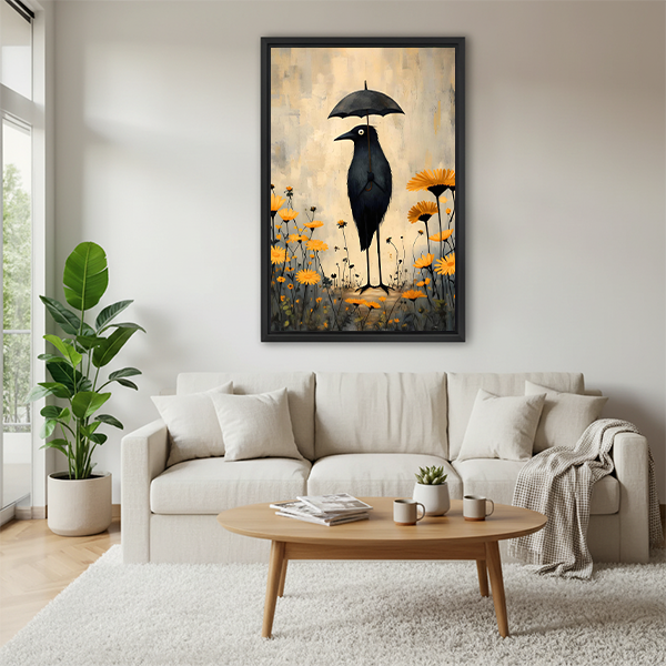 Framed whimsical crow umbrella canvas wall art above a neutral living room sofa