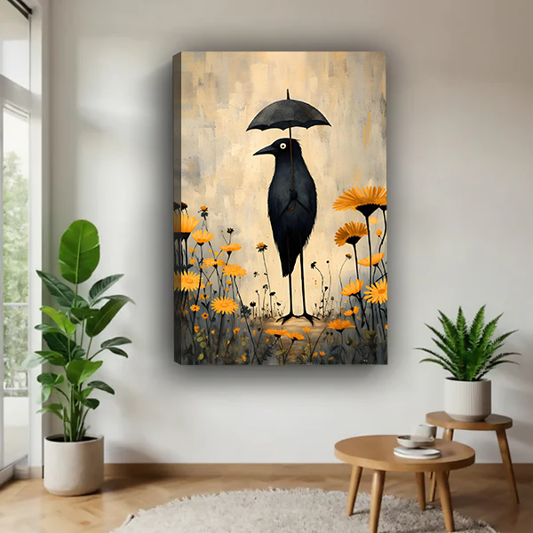 Gallery-wrap whimsical crow umbrella canvas wall art displayed between green plants in a bright living room