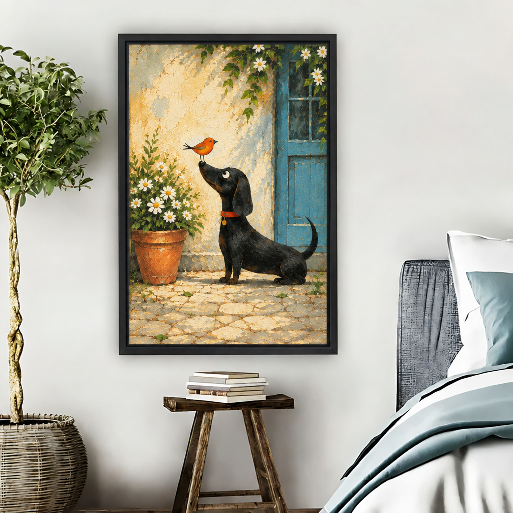 Whimsical dachshund bird canvas wall art in a black frame above a wooden stool beside a bed