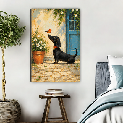 Gallery-wrap whimsical dachshund bird canvas wall art showing daisies and a blue door beside a bed