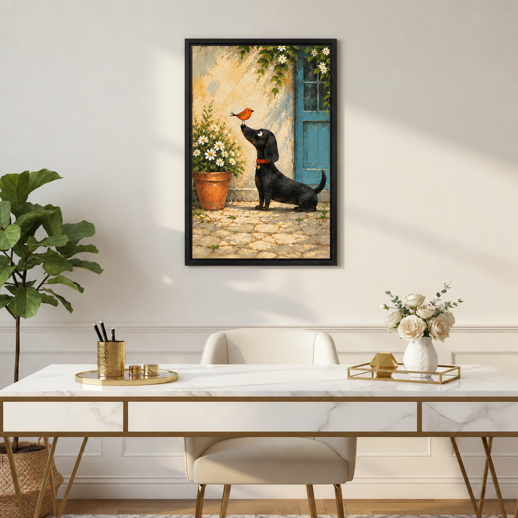 Framed whimsical dachshund bird canvas wall art above a white marble desk with gold accents